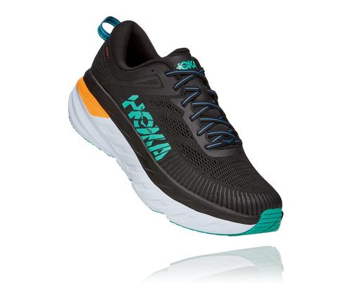 Hoka One One Bondi 7 Men's Road Running Shoes Black / Atlantis | OPZM-68542