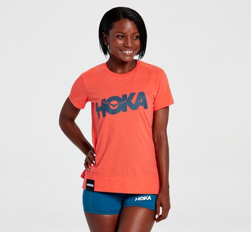 Hoka One One Brand Tee Women's Running Tees Hot Coral | KWOI-15397