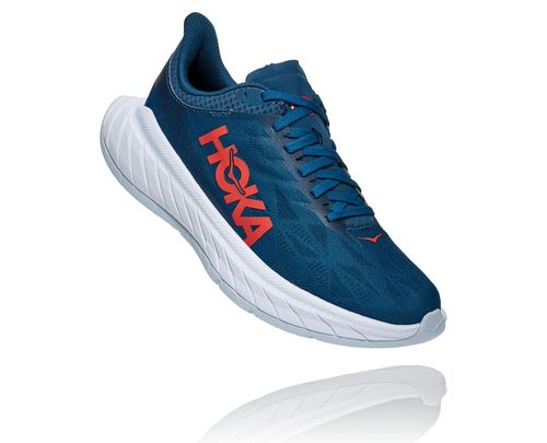 Hoka One One Carbon X 2 Women's Road Running Shoes Moroccan Blue / Hot Coral | JVDB-96185