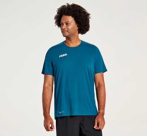 Hoka One One Performance Short Sleeve Men's T Shirts Moroccan Blue | DRIW-08526