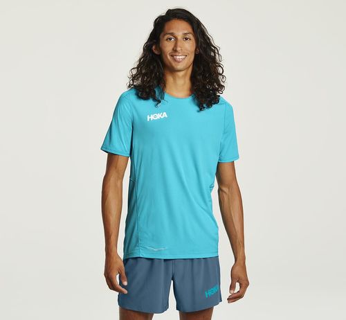 Hoka One One Performance Short Sleeve Men's T Shirts Scuba Blue | IGVJ-43679