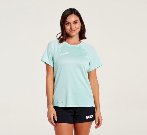 Hoka One One Performance Short Sleeve Women's T Shirts Blue Tint | CGWZ-12064